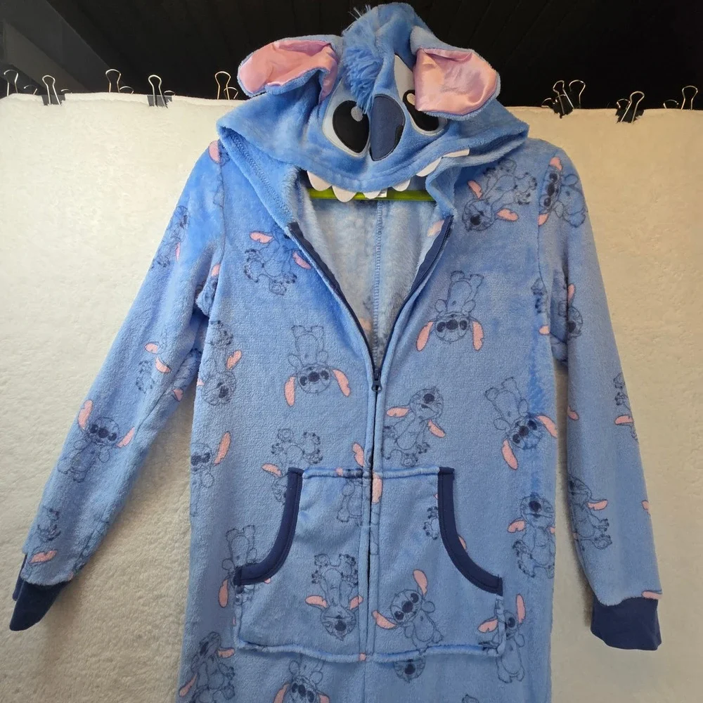 Disney Stitch One Piece Pajamas Sleepwear‎ Hooded Zip Up Adult XS Plush Lounge